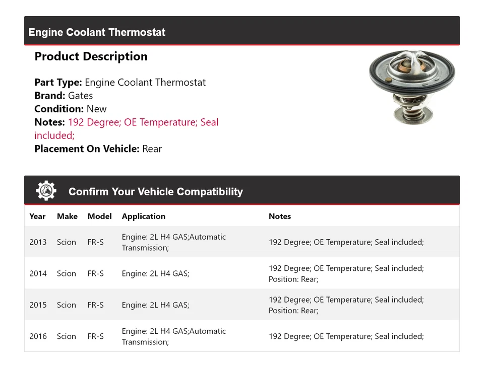 Para 2013-2016 Scion FR-S 2L H4 GAS Motor Refrigerante Termostato Puertas 2014 2015 Foto 2 de 4
