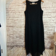 Vintage AGB Dress Womens 12 Black Midi Mesh Knit Asymmetric Hem Stretch Flowy