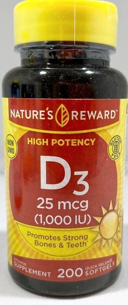 Vitamina D3 25mcg 1000 IU alta potencia 200 perlas Huesos sanos, sistema inmune