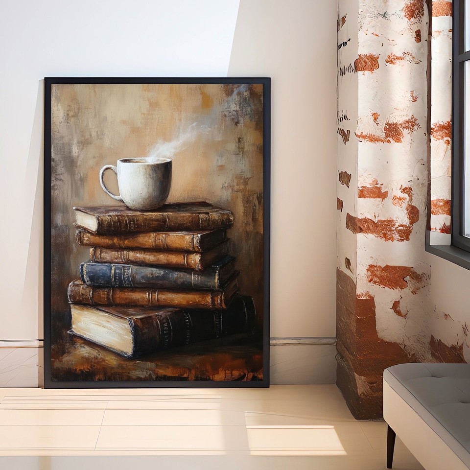Coffee and Books Poster Dark Academia Art Cozy Decor Antique