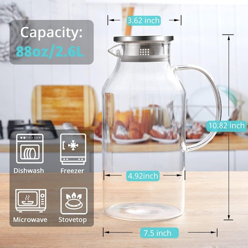 2.6 Liter 88 oz Glass Pitcher with Lid and Spout, Glass Water 88oz/2600ml - Picture 3 of 4