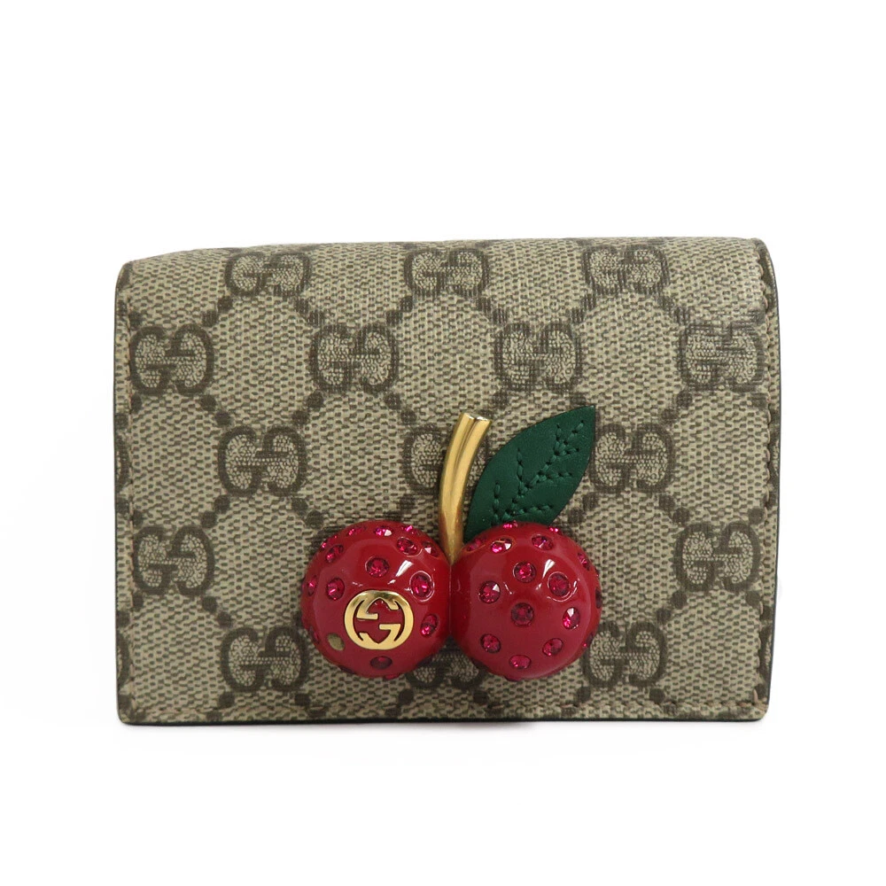 Gucci GG Supreme Cherry 476050 Bifold Wallet Card Case Beige Red Ladies