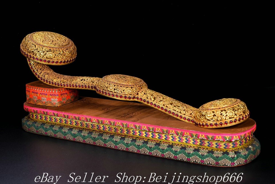 18.4" Old Chinese Bronze 24K Gold Gilt Gems Hollow out Fengshui Ru Yi