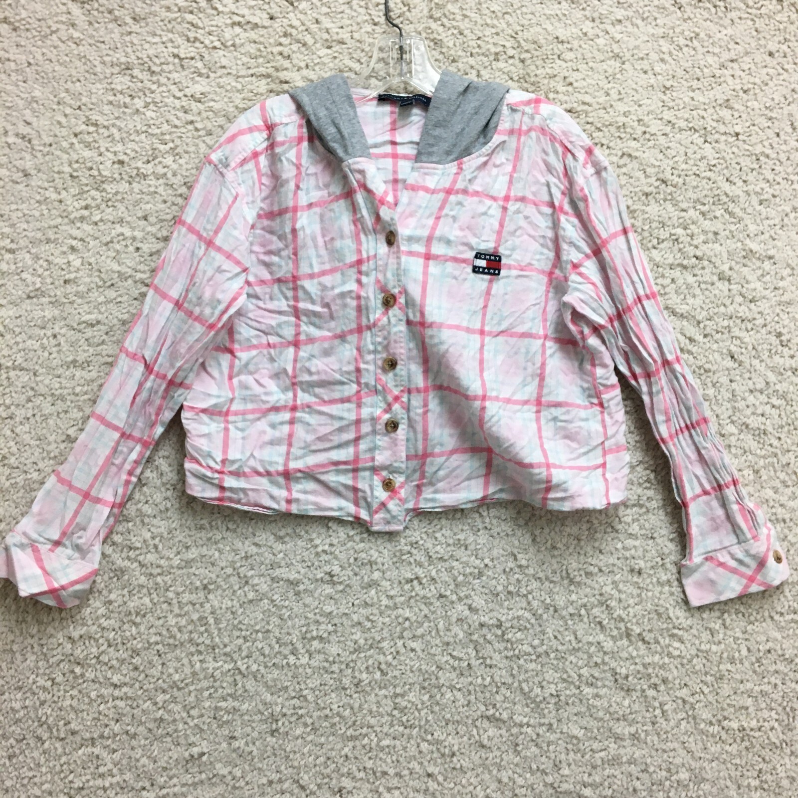 Tommy Hilfiger Pink Plaid Cropped Hoodie Button Up Shirt Womens Medium