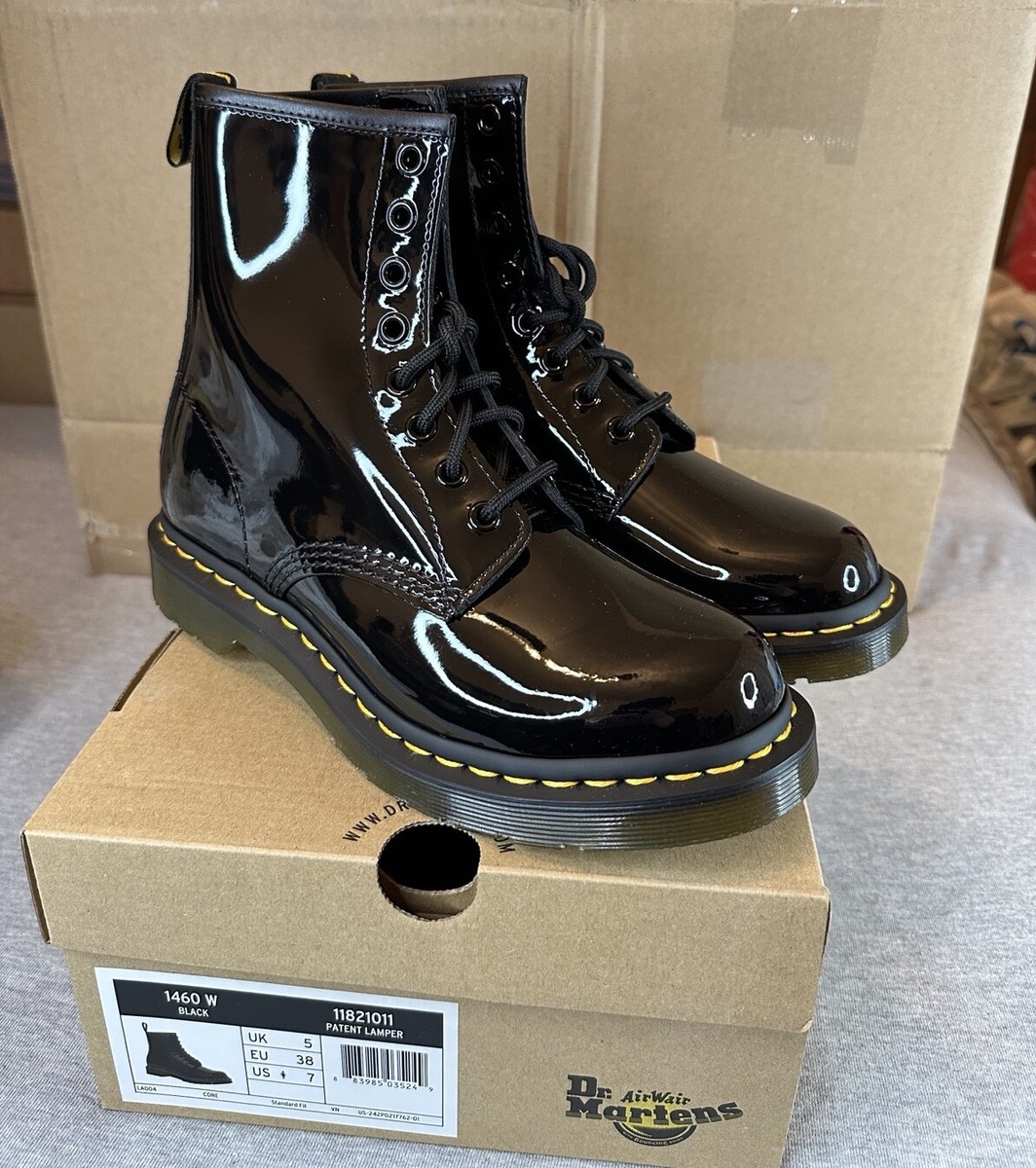 Dr.Martens ★ 1460 W Black Patent Lamper ★ 22~25CM Dr. Martens Women's 1460 Leather Lace Up Boots Shiny Black