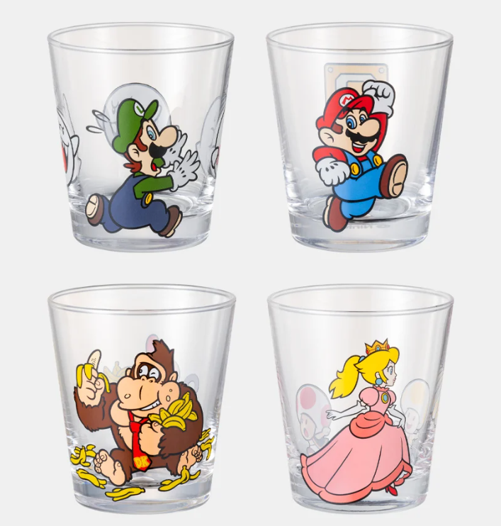 Nintendo Super Mario Glass Tumbler Cup Set 4 Donkey Kong Peach