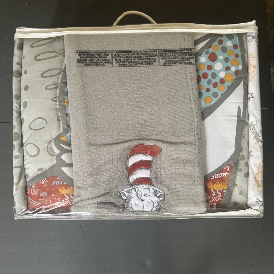 Dr. Seuss Nursery Cat In The Hat 4 Piece Crib Set Quilt Skirt Sheet Blanket - Image 4 of 4