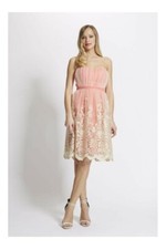 Laced in love pretty coral floral gold lace mesh overlay skater PROM dress UK8