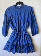 Nine West Blue Button Down Mini Dress Women’s Xl Long Sleeve Drawstring Waist