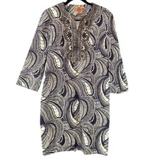 $358 TORY BURCH Leila Paisley Caftan Dress SZ 6 Beaded Sequin Navy Blue & Cream
