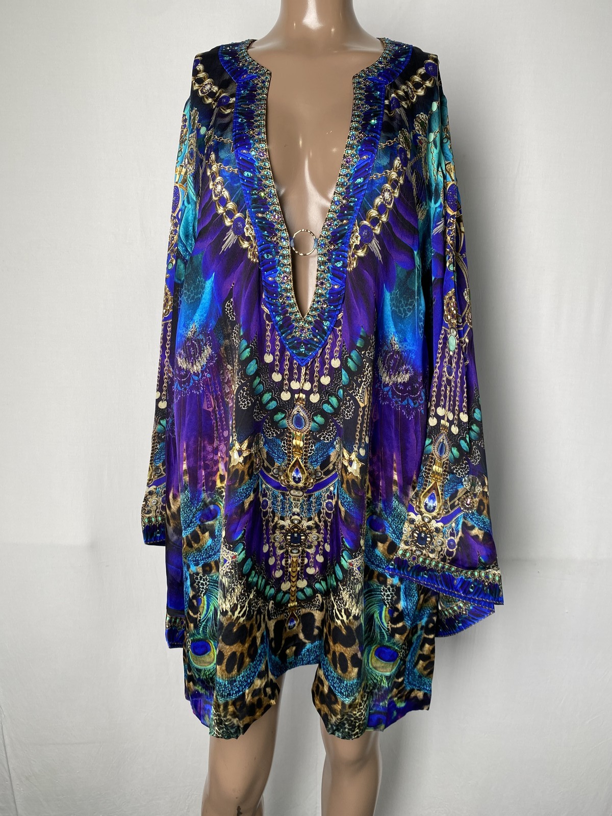 Camilla Womens Mini Kaftan Blue Size M/L Deep V-Neck Hardware Cosmic Zoology