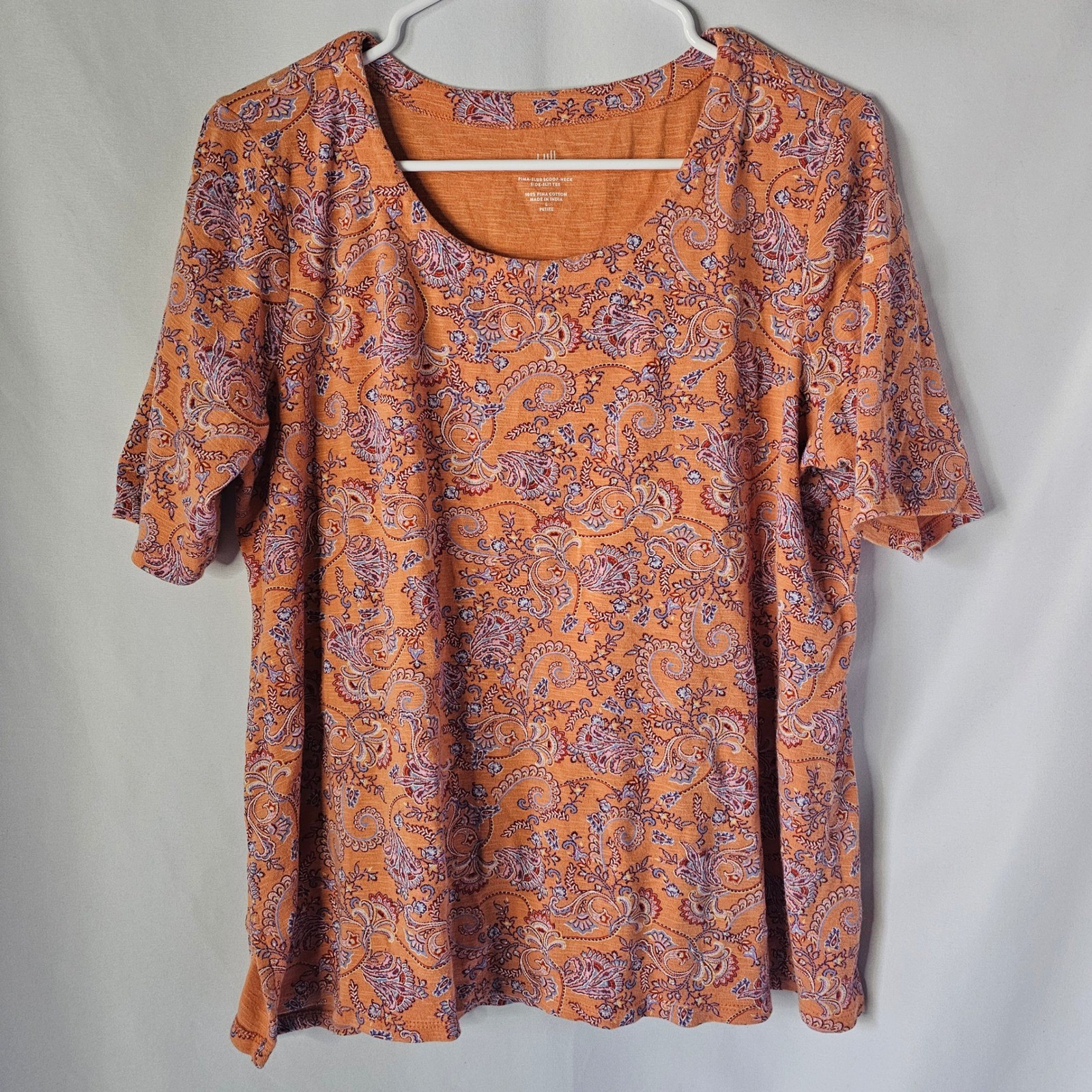 J. Jill Pima Slub Scoop Neck Side Slit Tee Large Petite Orange Paisley Boho