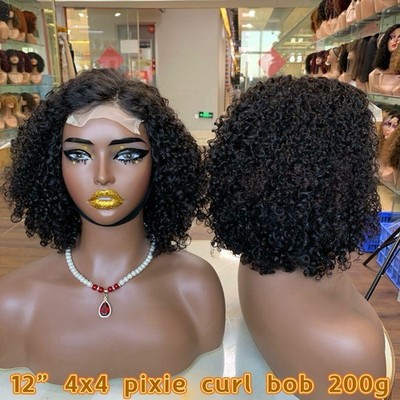 4*4 Pixie Curls Wig Black Lace Front Wig, Human Hair Wig
