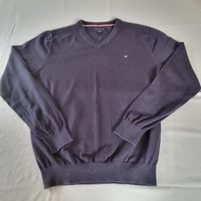 Tommy Hilfiger V-Neck Jumper Men's Size M Navy Blue Cotton Knit Pullover VGC