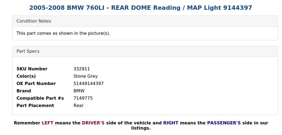 BMW 760LI 2005-2008 - DOMO TRASERO luz de lectura/mapa 9144397 Foto 3 de 4