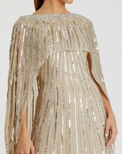 Mac Duggal 93869 Gold Embellished Beaded Column Cape Gown Champagne Sz 10 NWT
