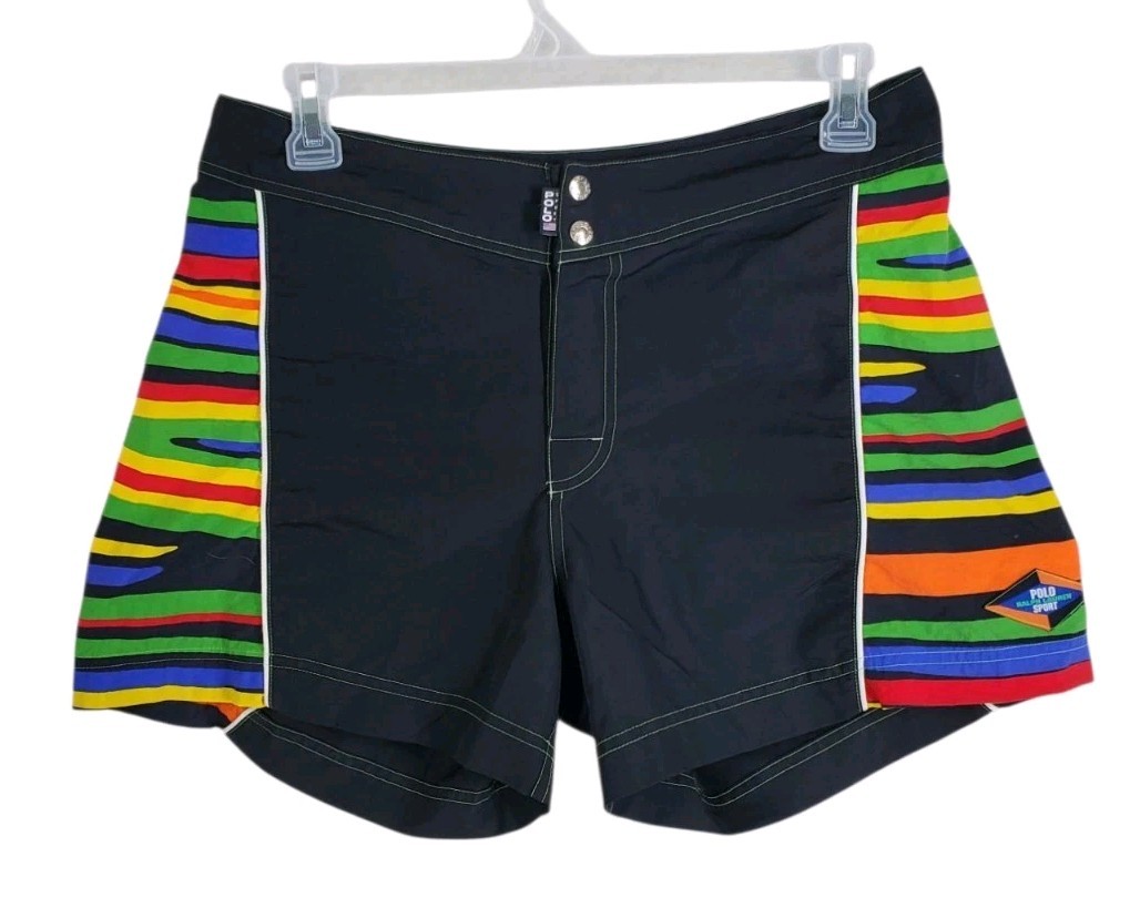 Vtg Y2K Ralph Lauren Polo Sport Shorts Swim Trunks Mens 32 Black Rainbow (33x5)
