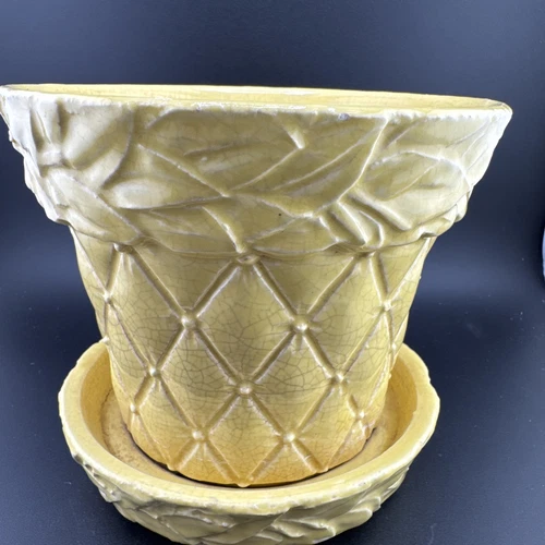 Vintage McCoy Yellow Quilted Leaves Pattern Planter with Attached Saucer