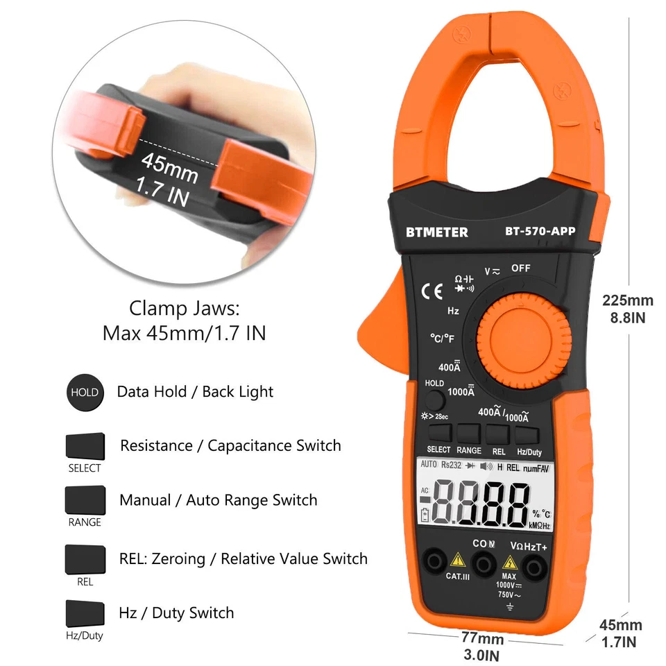 Zangenamperemeter AC/DC TRMS 400A Stromzange Multimeter 1000V CATⅢ Bluetooth APP - Bild 4 von 4