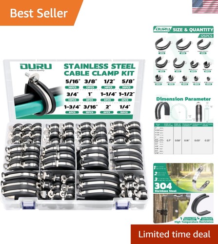 125PCS Stainless Steel Cable Clamp Assortment Kit - Durable Rubber ...