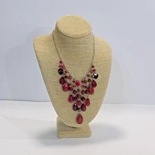 VTG Ruby Red Acrylic 35 Beads Necklace Lane Bryant Faceted "Pendant Drop " 12"
