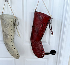 Patterned Metal Stocking Hanging Metal Bow & Laces White Red 18.5" Tall Lot of 2
