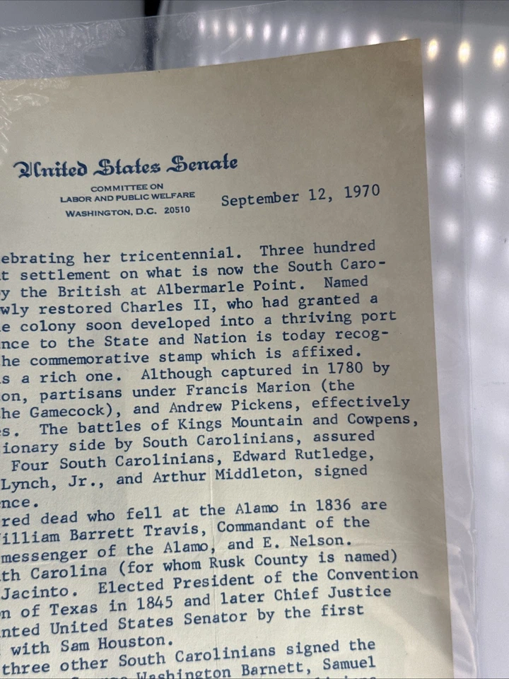 Carta Autógrafa Efímera del Senador Ralph Yarborough Tricentenario Carolina del Sur Foto 4 de 4