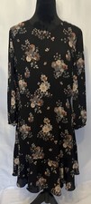 LOFT Bk-Floral A-Line Dress Knee Length 3/4 Button Cuff Sleeve Zip Black Size 10
