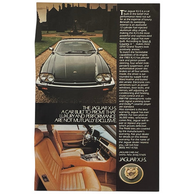 Jaguar XJ-S PRINT AD Built To Prove Luxury Performance Not Mutually Exclusive