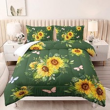 3 Piece Sunflower Comforter Sets Size, Farmhouse Floral Bedding Set Twin Green