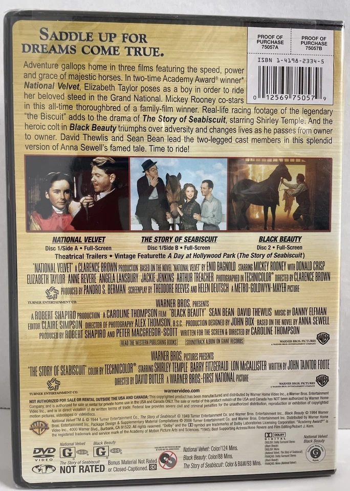 National Velvet /Black Beauty /Seabiscuit DVD Horse Triple Feature NEW SEALED - Image 2 of 3