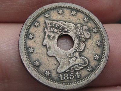 1854 Braided Hair United States Half Cent- Holed, Fine/VF Details, Old Washer?