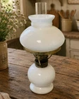 Vintage White Milk Glass Small Oil Lamp w/ Globe Chimney Shade Made in Japan 8"