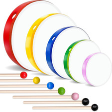5 Pcs Kids Hand Drums Wood Frame Drum Set Stick 12" 10" 8" 6" 4" Multicolor Home
