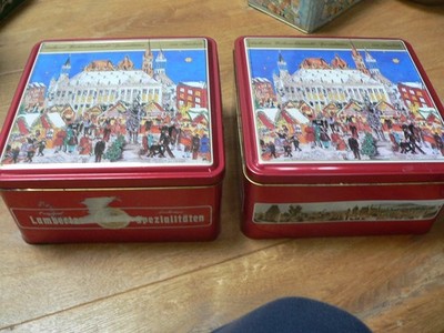 1 v. 2 hohen Lambertz Aachen alte leere Motiv Blechdose; Vintage Weihnachtsmarkt