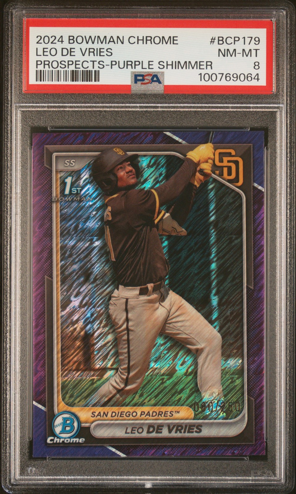 2024 BOWMAN CHROME PROSPECTS PURPLE SHIMMER #BCP179 LEO DE VRIES 80/250 PSA 8