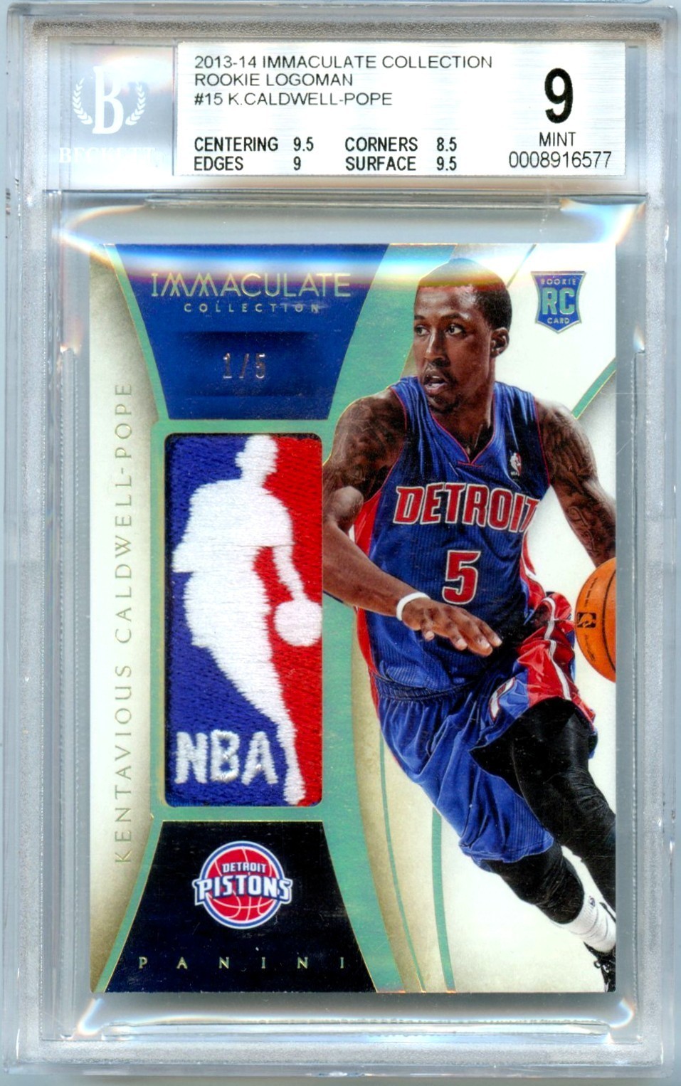 KENTAVIOUS CALDWELL-POPE RC 2013 IMMACULATE LOGOMAN ROOKIE PATCH SP 1/5 BGS 9
