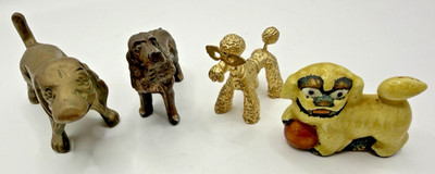 Vintage Metal Dog 4 Figurine Lot Chinese Foo Dog Poodle Cocker Spaniel Basset
