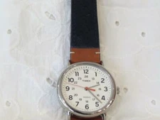 Men's Timex Indiglo Watch Blue Fabric & Brown Leather Band 24 Hr NWOT