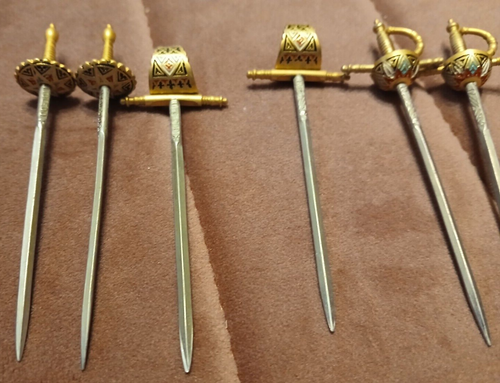 Toledo Appetizer Cocktail Sword 6 Picks Set Enameled Brass double eagle 4" tall - Picture 5 of 5