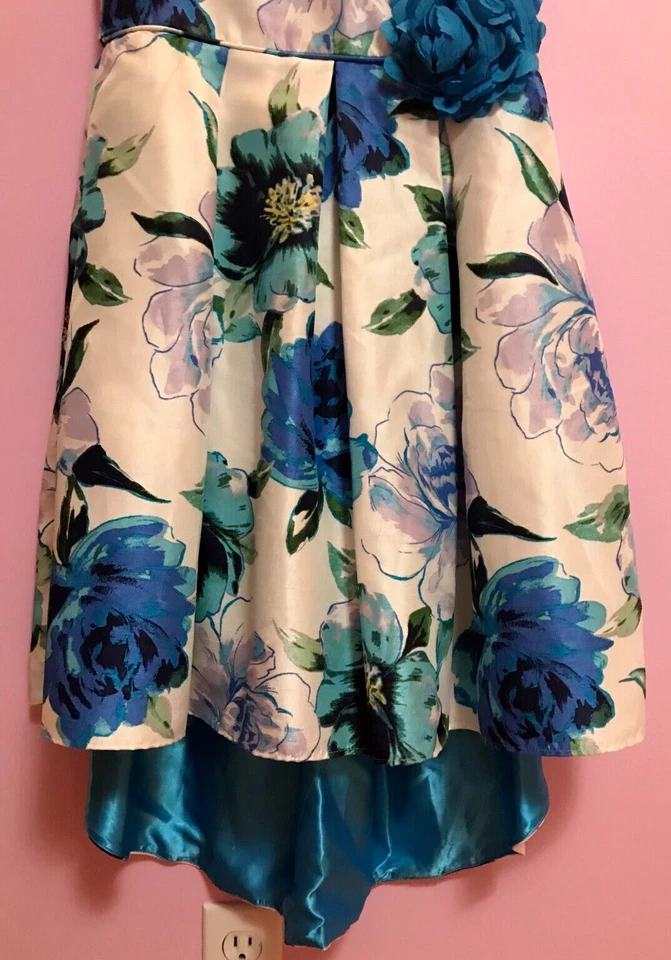 Vestido de festa EMILY WEST menina 16 novo branco azul flores saia plissada zíper alto-baixo - Imagem 2 de 4