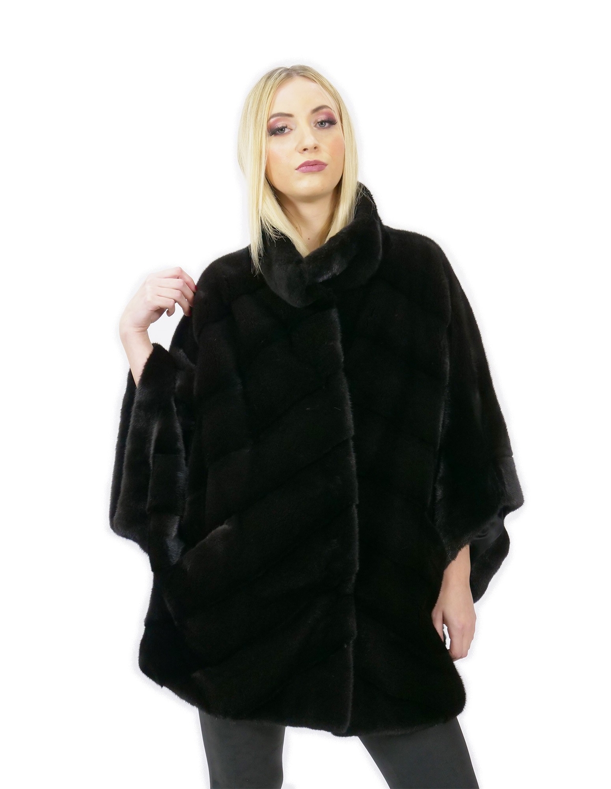 Women's Mink Fur Size 44 Black Long Cape 72cm High Neck