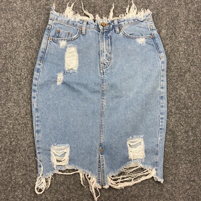 NEW Missguided Skirt Womens 4 Blue Denim Cotton Pockets Zip Front Destroyed Raw