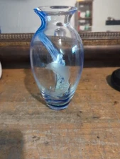 Lenox Caithness Scotland Etched Dolphin Blue Paradise Mouth Blown Art Glass Vase