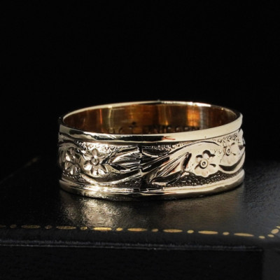 Vintage Flower Engraved 9ct Solid Yellow Gold Band 6mm Wide Stack Ring N / 6.5