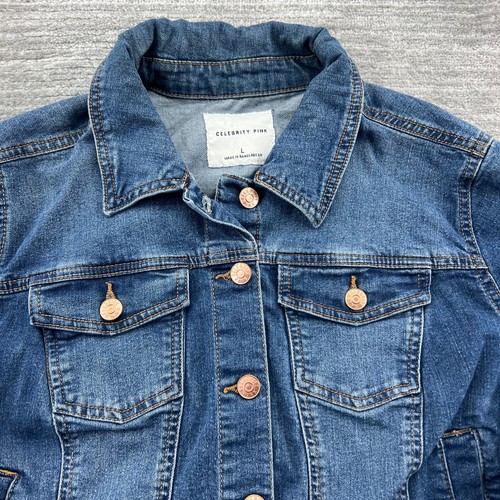 Celebrity Pink Jean Jacket Size L Youth Girls Button Pockets Blue Denim - Picture 2 of 7