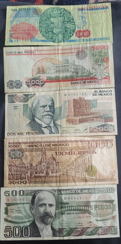 High Value Mexican Banknotes Group- 500, 1000, 2000, 5000, 10,000 Pesos VF-XF