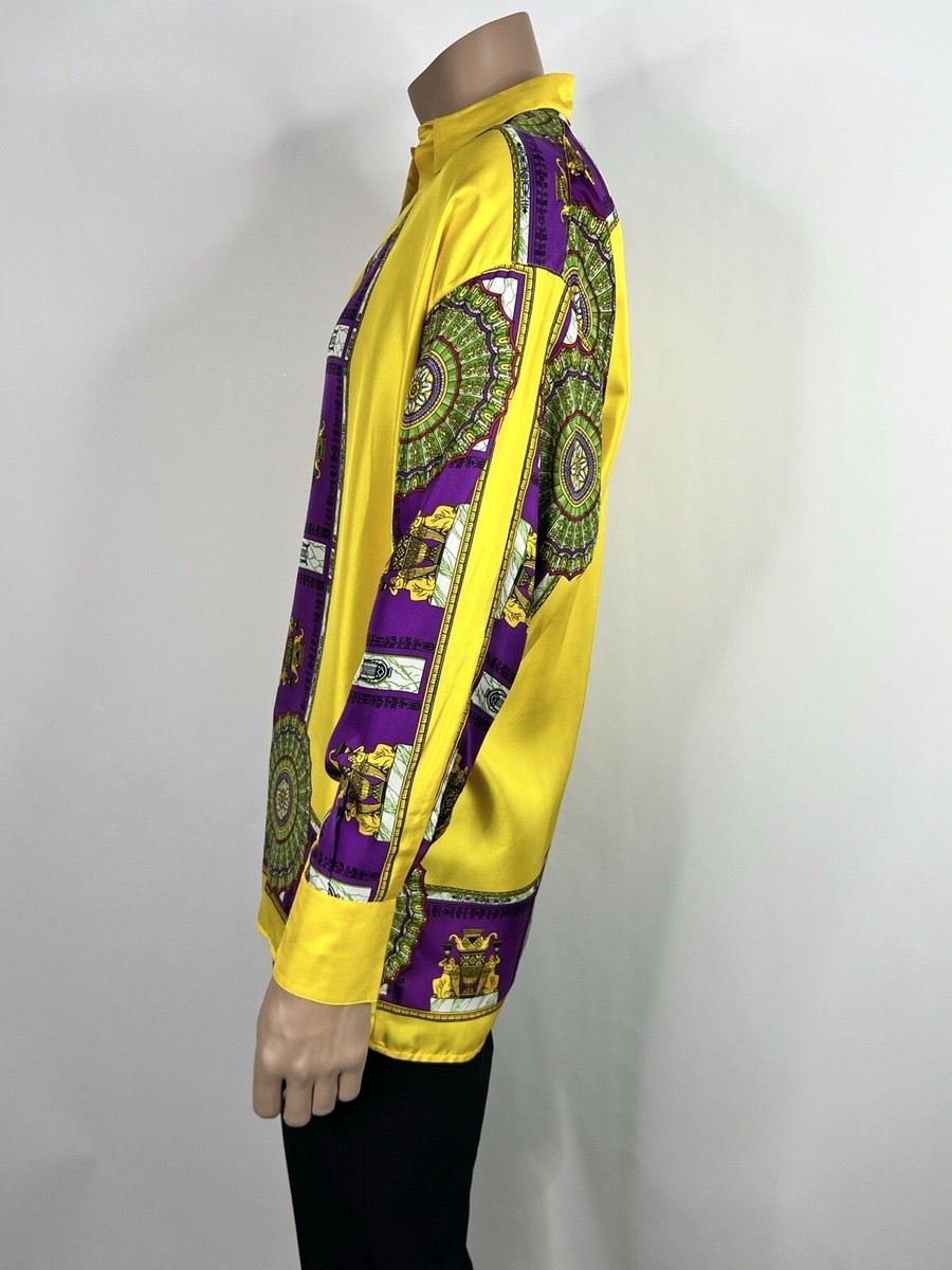 Vtg GIANNI VERSACE 1991 YELLOW PURPLE PRINT SILK SHIRT 44 XS