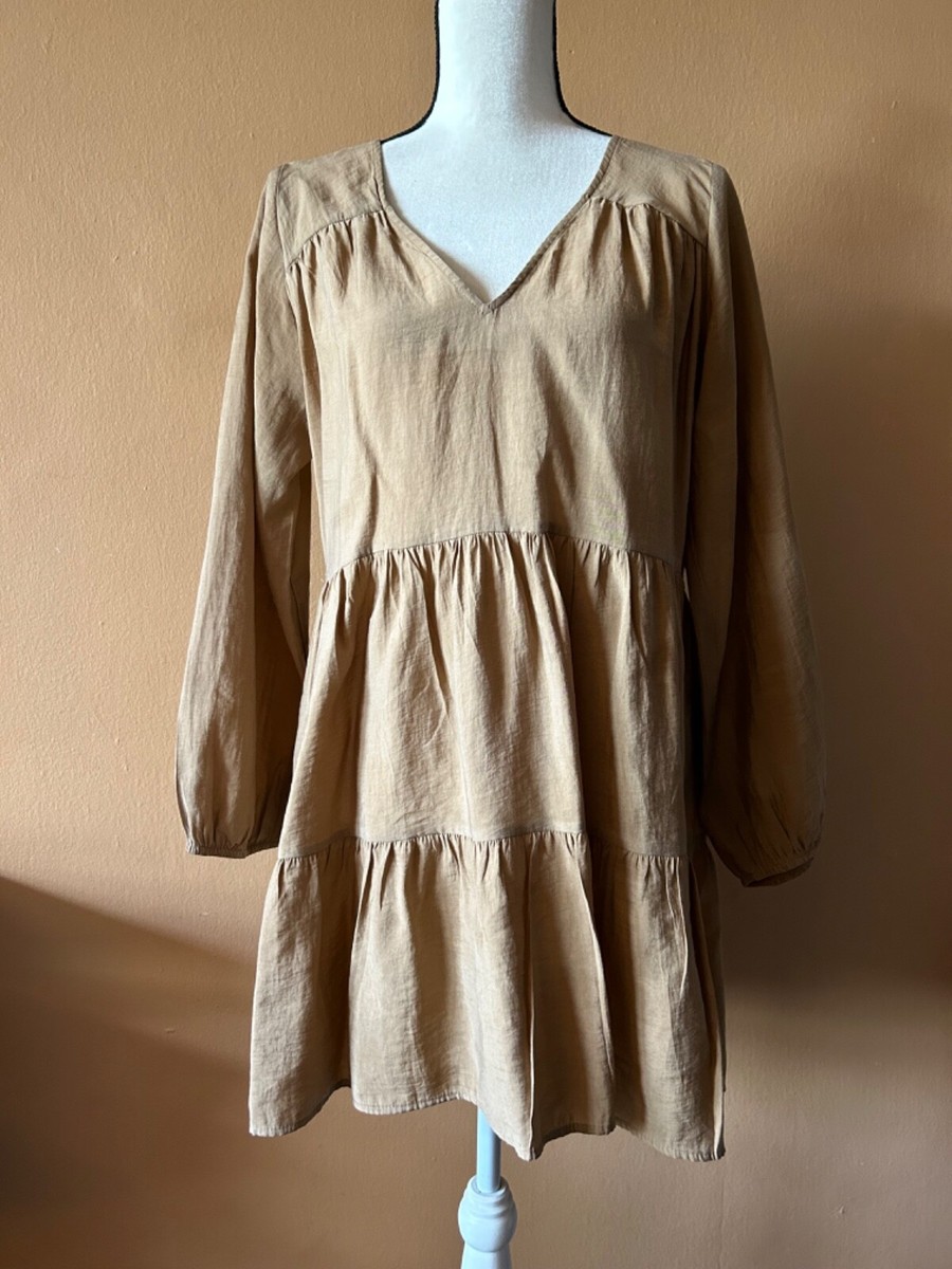 Zara Beige Lyocell Blend V Neck Long Sleeve Tiered Mini Shirt Dress Size  Small