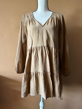 Zara Beige Lyocell Blend V Neck Long Sleeve Tiered Mini Shirt Dress Size Small